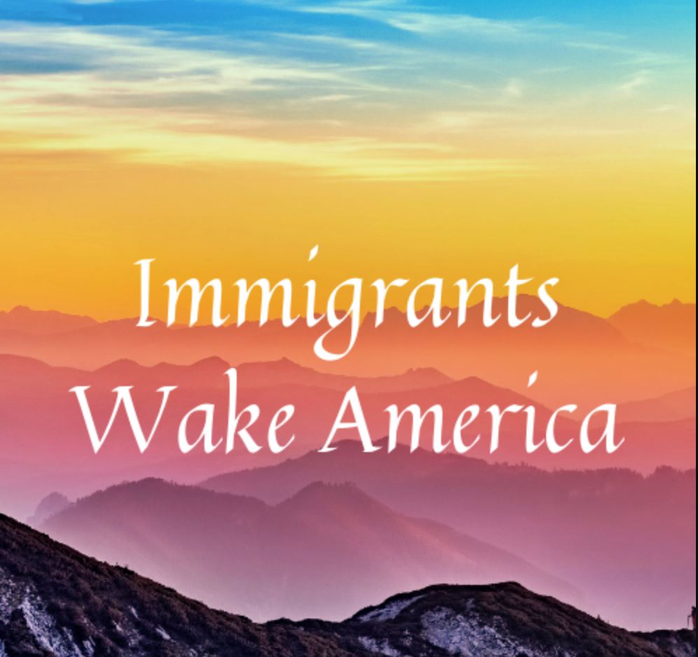 Rainbow colors behind the words: Immigrants Wake America