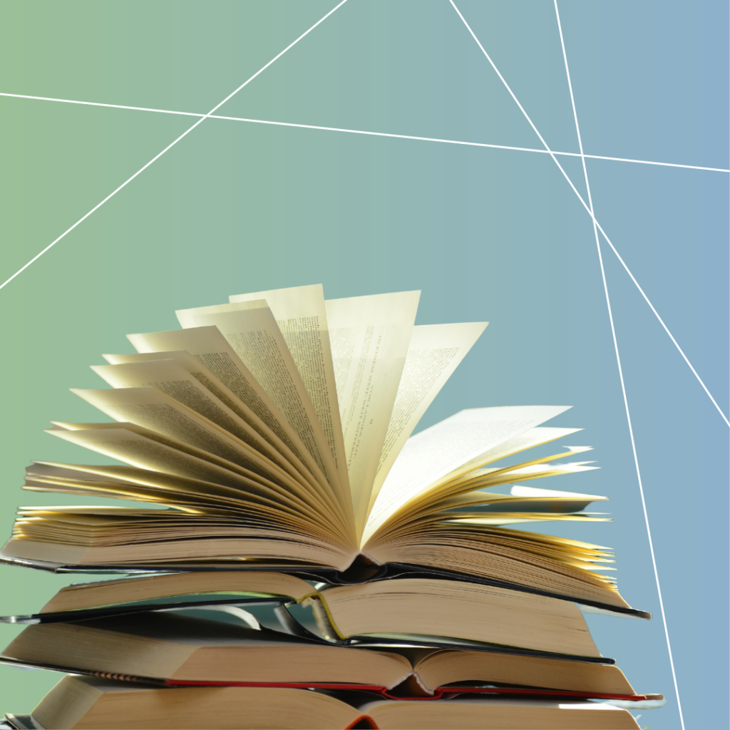 ombre blue and green background with white decorative lines. A stack of books with the top book fanned open in the foreground