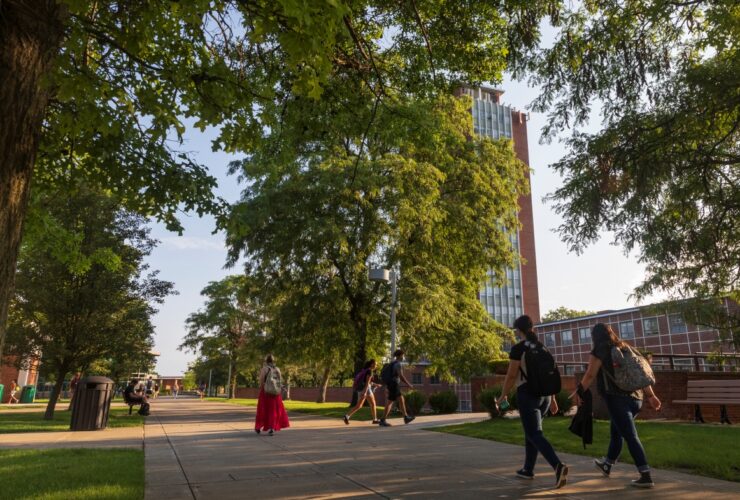 Students walk to class around 8:30am near the Lecture Hall and the Glenn G. Bartle Library on the first day of the Fall semster, August 24, 2021.