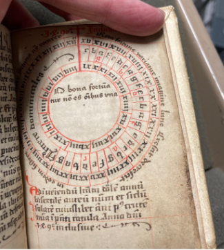 Photo of a page from the fifteenth-century manuscript psalter / book of psalms and prayers. Wheel of fortune dated 1490.