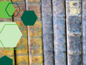 photo of old books on a shelf. Graphic elements of green hexagons added on top of image