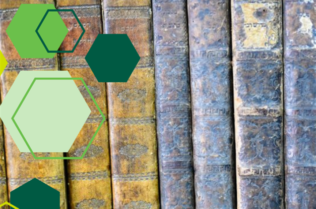 photo of old books on a shelf. Graphic elements of green hexagons added on top of image