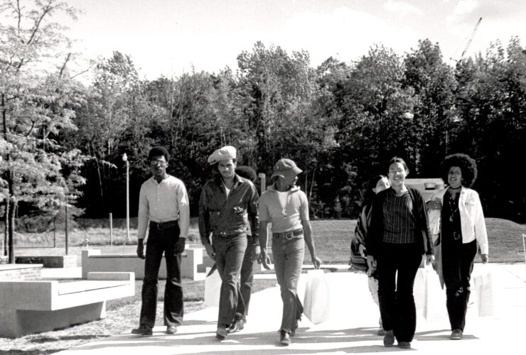 African American Students walk together near College-in-the-Woods on Binghamton University campus in 1971