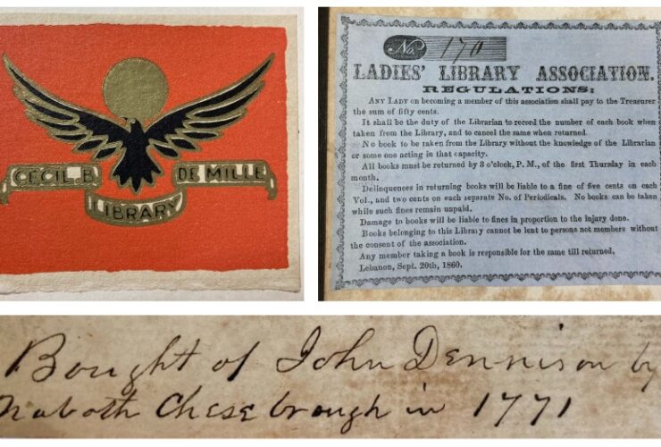 Image collage showing bookplates and inscription