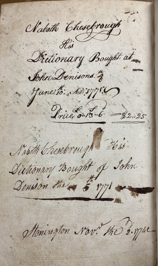 Two Naboth Chesebrough ownership inscriptions on rear flyleaf