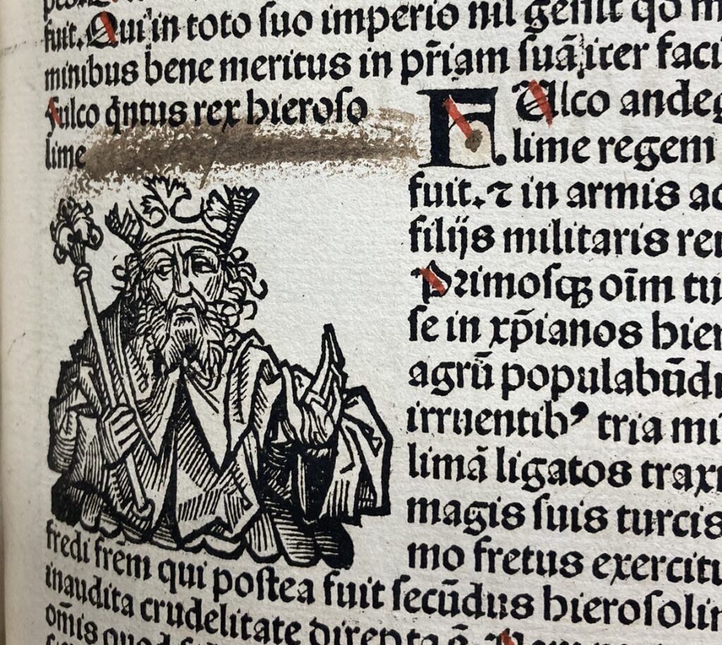 Woodcut portrait in Nuremberg Chronicle, with obscured annotation