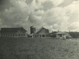 black and white photo of a dairy farm