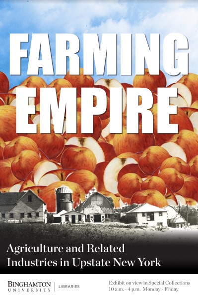 farming empire poster design, with blue sky, apples, and image of a farm