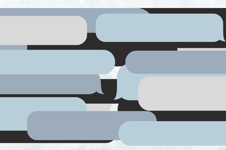 Various sized texting bubbles in shades of blue and black