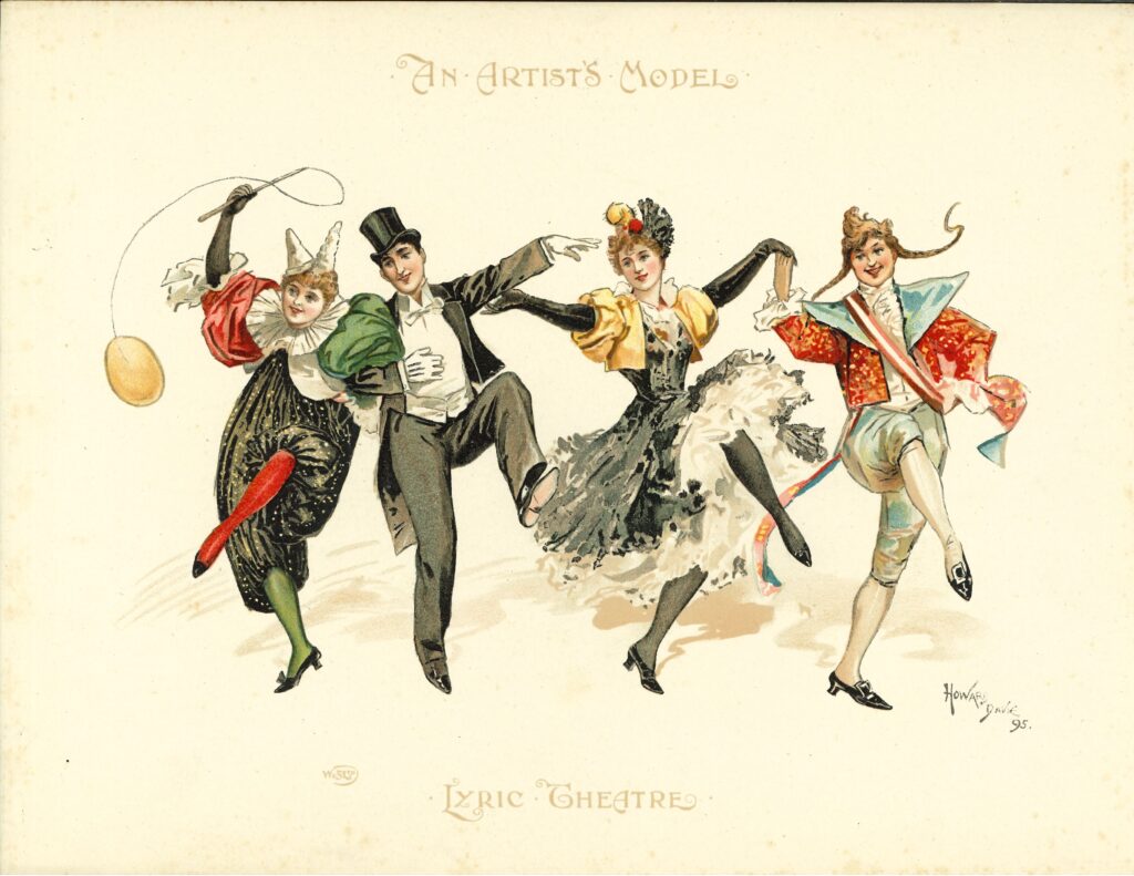 Image of "An Artist's Model" for the Lyric Theatre from the exhibit. Illustration depicting four characters dressed in a variety of decorative clothing.