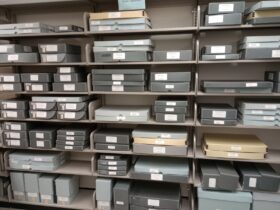 Wall of student publications stored in acid-free boxes on shelves