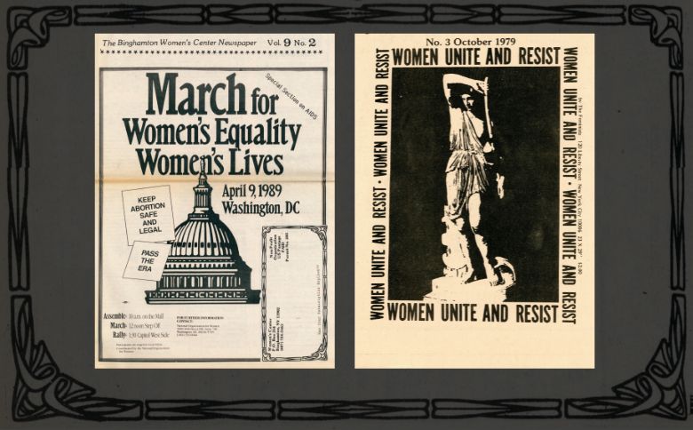 Covers of two feminist publications from the 1970s and 1980s.