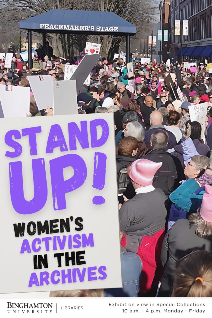 Exhibit poster with exhibit title and a photograph of a women's rights protest.