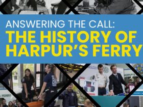 Poster for the exhibit about the history of Harpur's Ferry which features photos of student volunteers