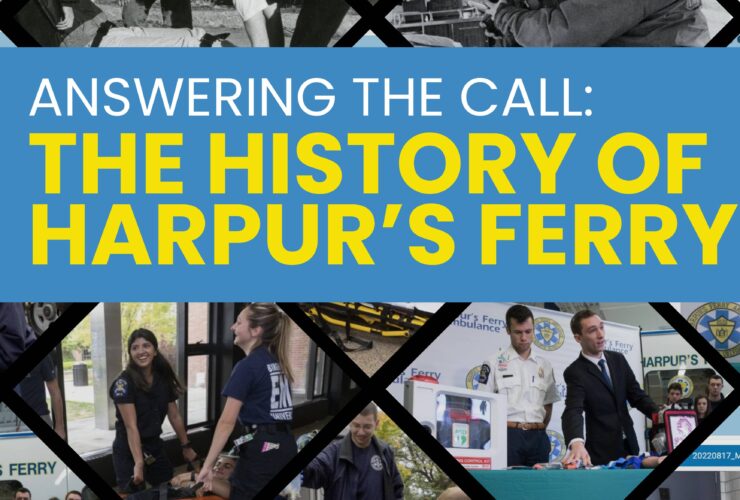 Poster for the exhibit about the history of Harpur's Ferry which features photos of student volunteers