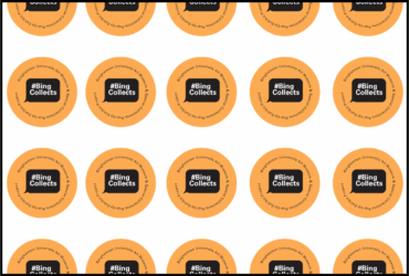 Rows of orange buttons each, with middle text "#BingCollects" and circular text around the periphery that says "Binghamton University Art Museum and Special Collections Pop-Up Exhibit Project"