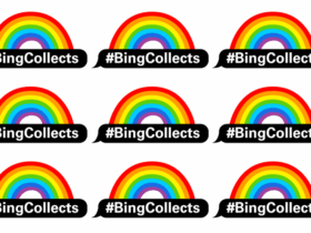 A sticker sheet of BingCollects logos with rainbows over them.