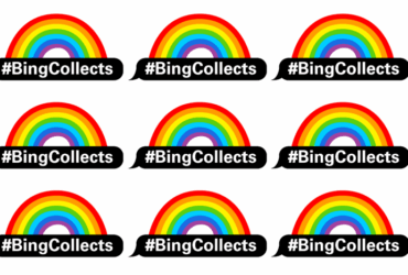 A sticker sheet of BingCollects logos with rainbows over them.