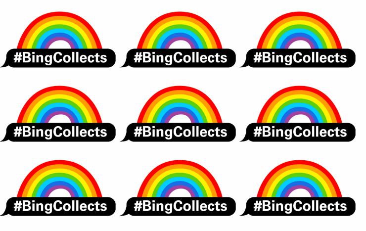 A sticker sheet of BingCollects logos with rainbows over them.