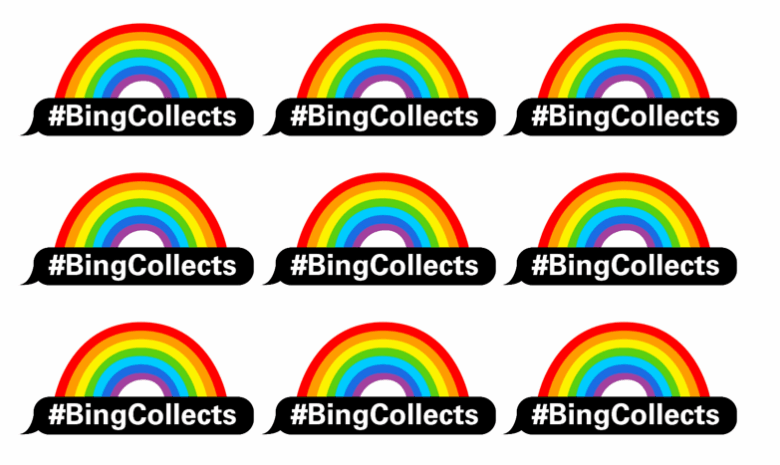 A sticker sheet of BingCollects logos with rainbows over them.
