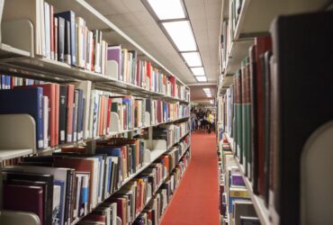 Crowded shelves of books in Bartle's Fine Arts Collection