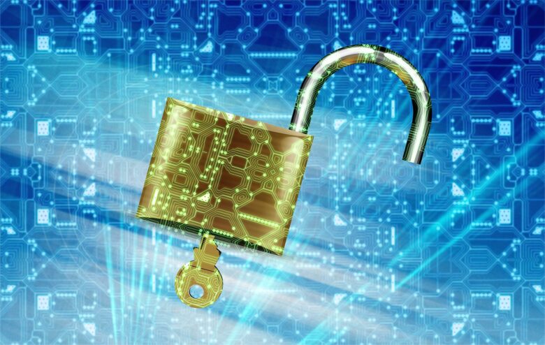 An open lock with a background reminiscent of digital code background