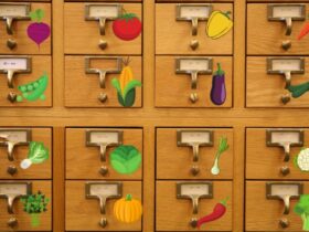 Card catalog with vegetable stickers near the drawer pulls.