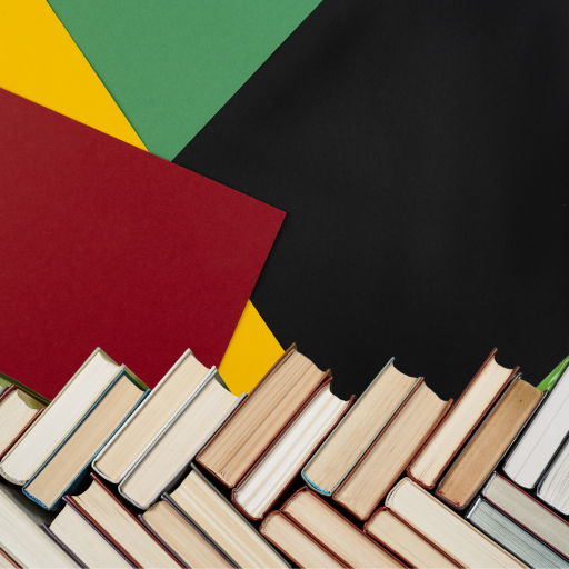 red, yellow, green, and black background with stacked books at the bottom