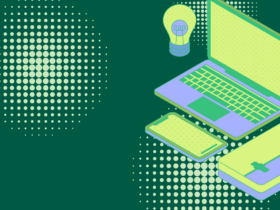 Graphic of Illuminated computer, cell phone, and lightbulb on a dark green background with glow-effect lime green accents
