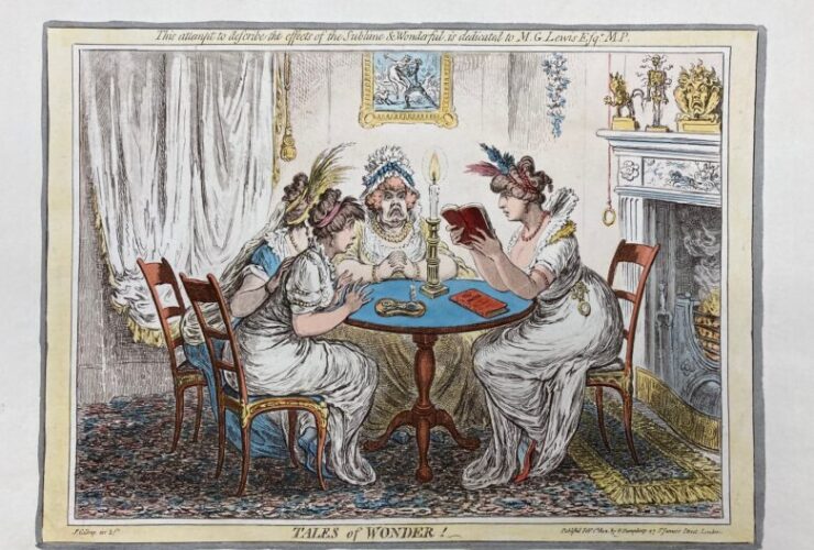 Hand-colored etching of four women in white robes sitting huddled around a table listening to one of the women reading from a book