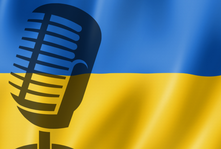 blue and yellow Ukrainian flag behind a recording microphone and soundwaves