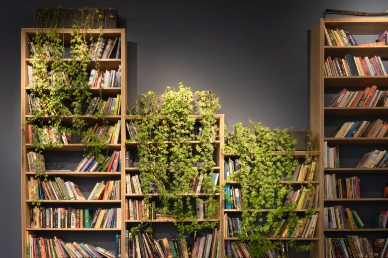 four full bookcases are arranged side by side; three of the bookcases are covered with green leaves from plants that are growing down from the top of the cases