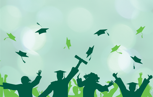 Celebratory illustration with shadows of various graduating students throwing their hats into the air