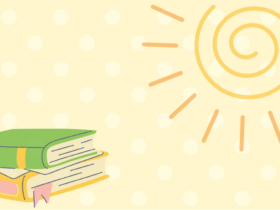 yellow polka dot background with a stack of books and sun icons