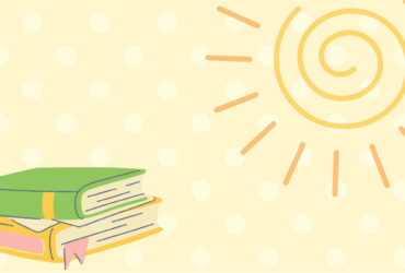yellow polka dot background with a stack of books and sun icons
