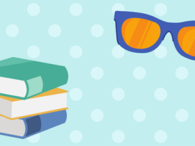 light blue polka dot background with a stack of books and sunglasses icons