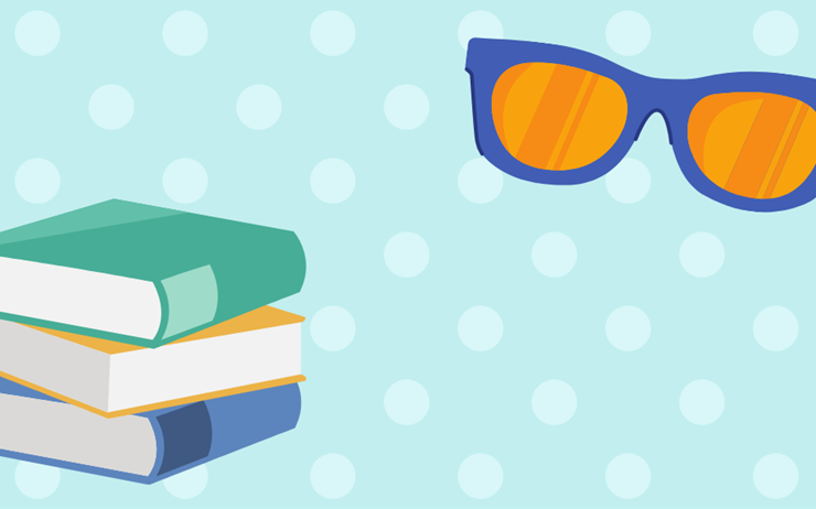 light blue polka dot background with a stack of books and sunglasses icons