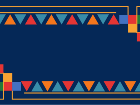 Dark blue background with multicolored squares and triangles in a mosaic border