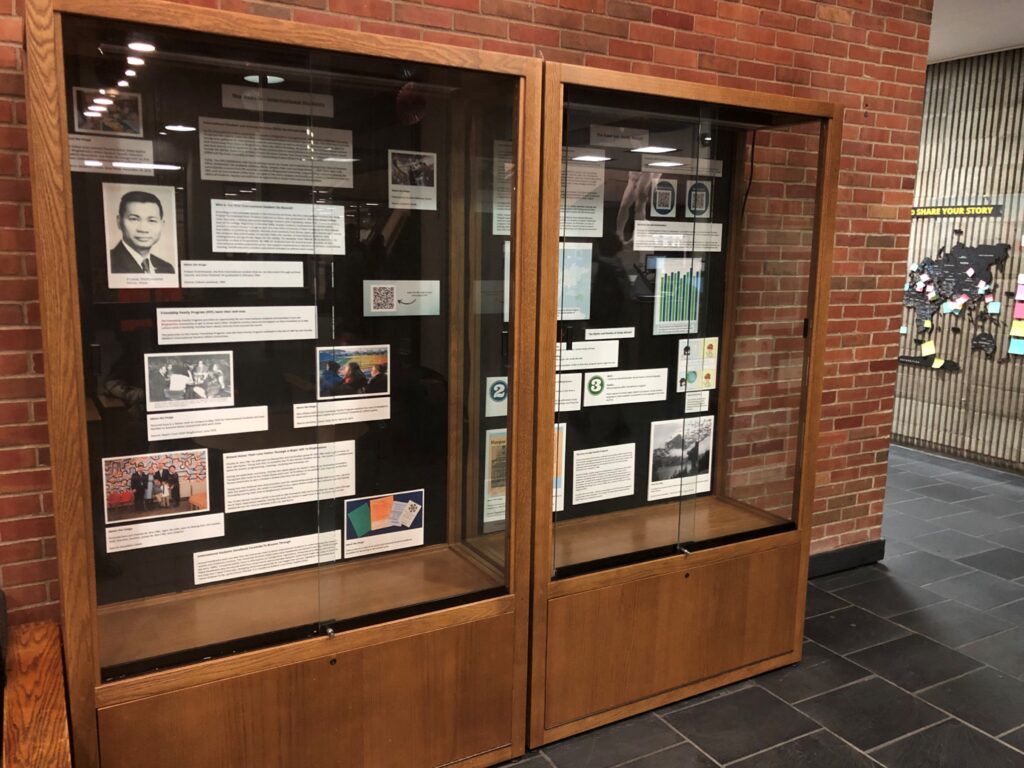 two display cabinets with various photos and information from the Libraries Special Collections archive