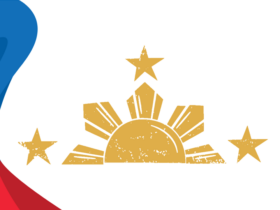 Blue and white draping colors on the left of a white background. A gold Phillipines flag star in the middle. The image resembles that of the Phillipine flag