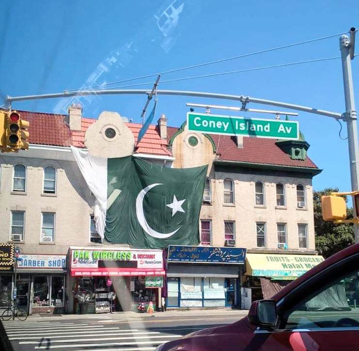 The picture shows names of shops written in Urdu language, and some Pakistani names written on shops in a part of Brooklyn often referred to as mini Pakistan by community members