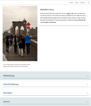a screenshot of Yousof's website with an image of a group of people crossing the Brooklyn Bridge in New York City with accompanying story titled "Abdullah's Story." Below features additional website navigation including "Methodology, Ethical Challenges, Read More, and Sources"