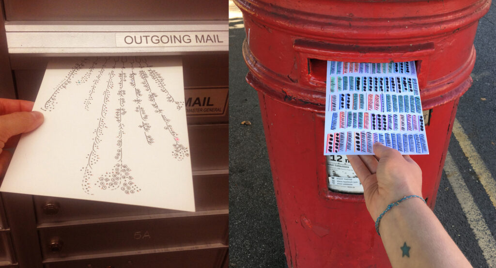 Image of 2 postcards with artistic representations of data being inserted into mailboxes.