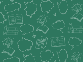 dark green background with white doodle drawings of thought bubbles, speach bubbles, and various open and closed books
