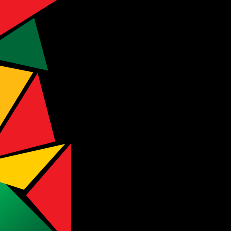 black background with green, yellow and red triangles in a mosaic along the left side border