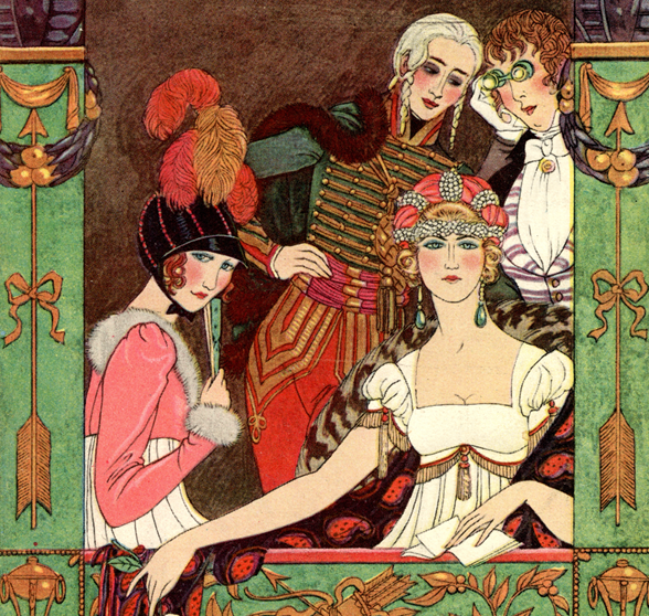 Illustration of four theatre patrons in fancy clothes in a green theatre box