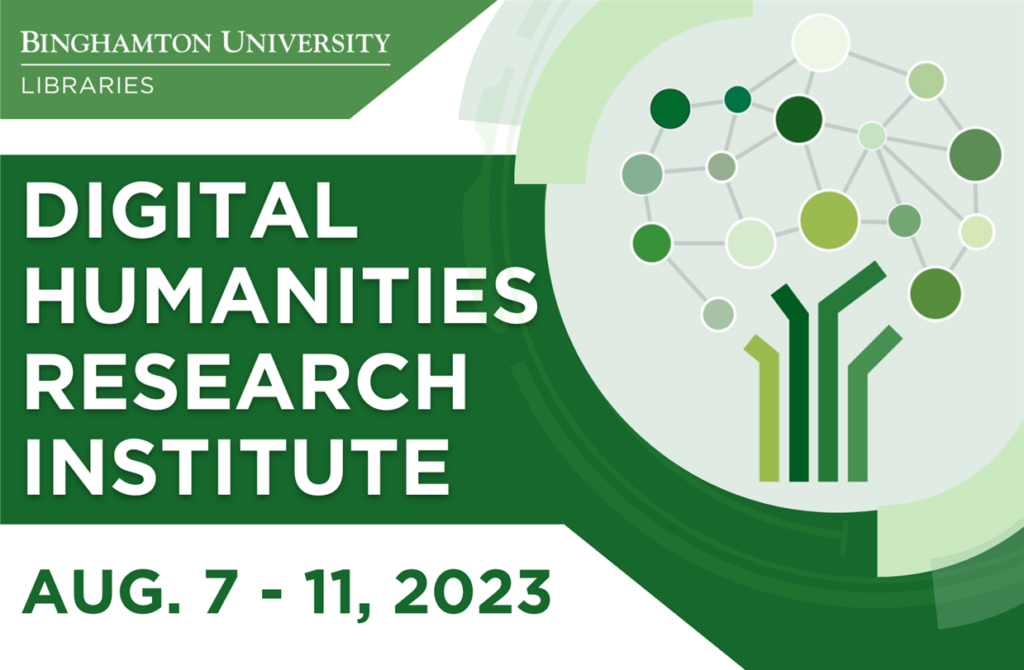 Digital Humanities Research Institute poster featuring an abstract illustration of a tree made up of various green stripes and circles.