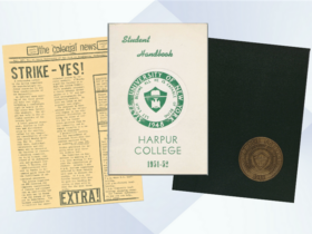 Photos of The Colonial Press, Harper College student handbook, and yearbook