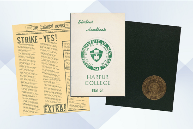 Photos of The Colonial Press, Harper College student handbook, and yearbook