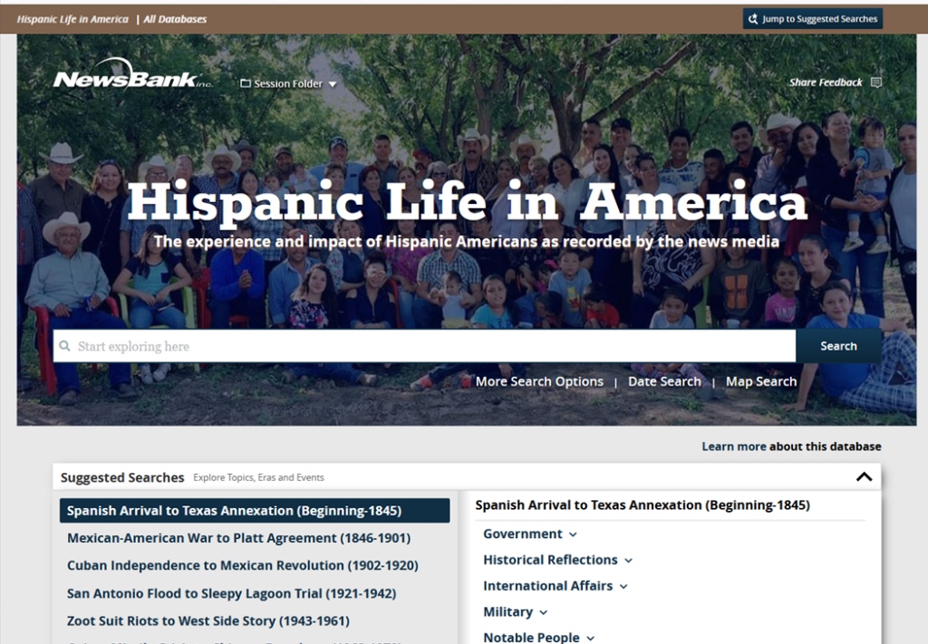 screenshot of the Hispanic Life in America database homepage